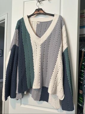 POL Striped Crochet V-Neck Sweater in Cream, Gray, Teal & Navy
